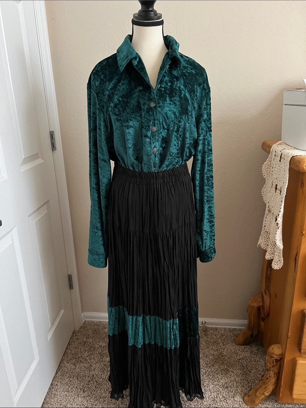 Panhandle Slim Teal Velvet Button-Front Maxi Dress